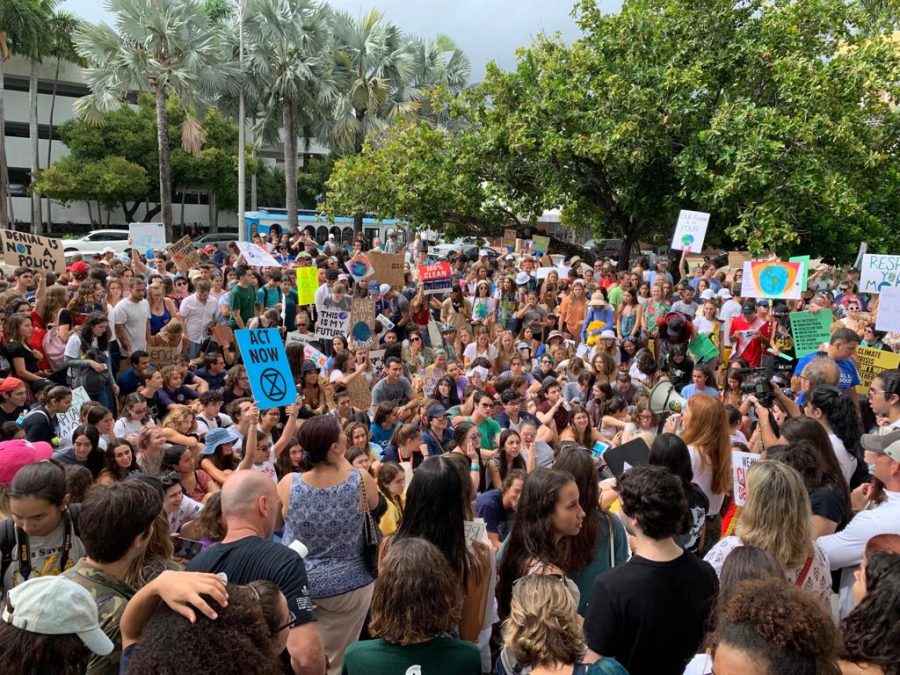 Protestors gather in front of Miami Beach City Hall September 20, 2020 to call for climate legislation.