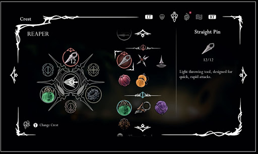 “Crests are customizable, themed loadouts, with each slot able to hold one particular category of tool.” As seen above, the Reaper crest allows equipment of 6 tools.
